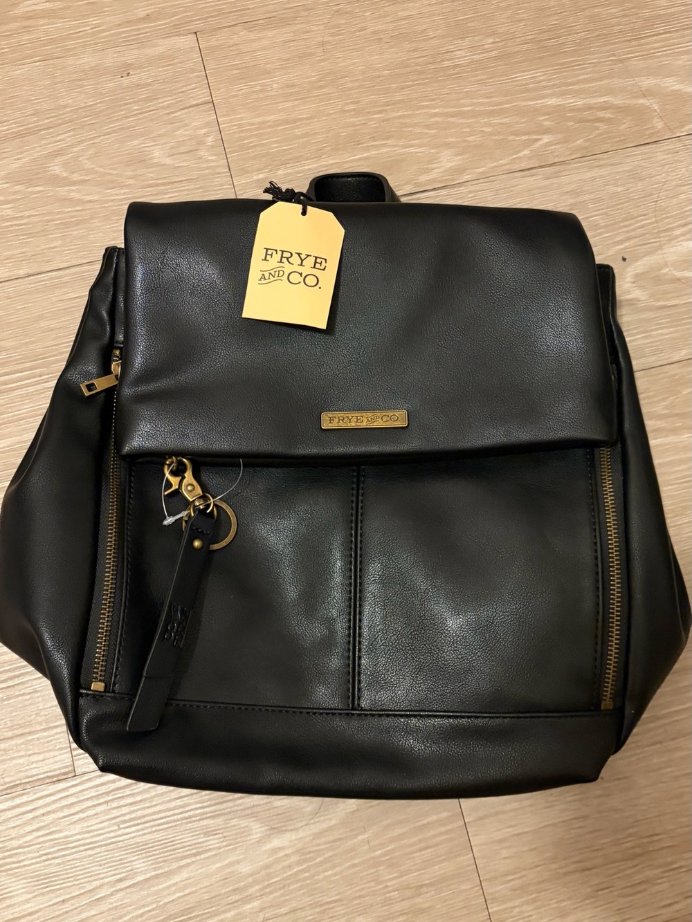 FRYE AND CO. Black Leather Flap Backpack with Gold Hardware